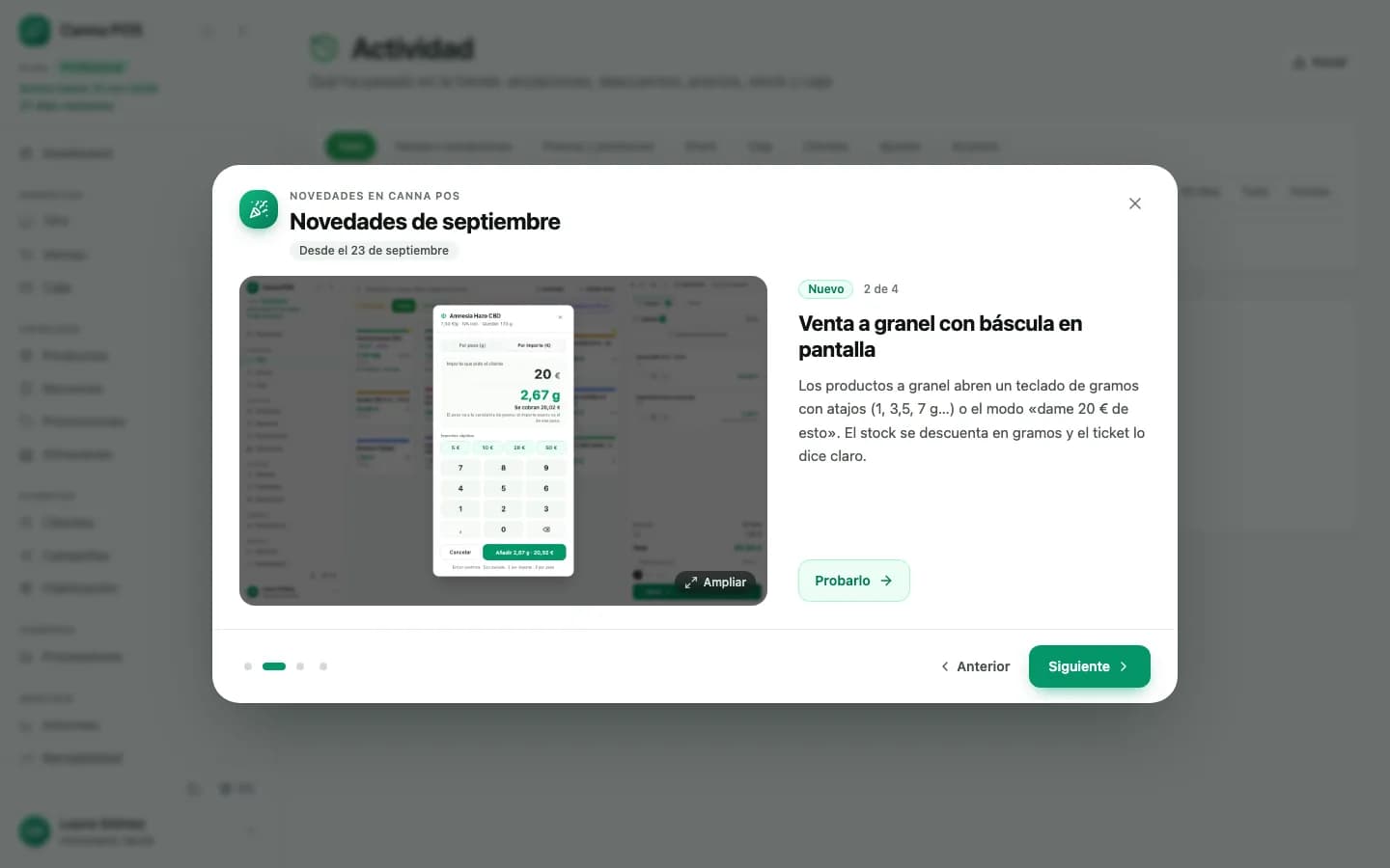 Aviso de novedades al entrar en el panel, con la captura de la mejora, su explicación y el botón Probarlo