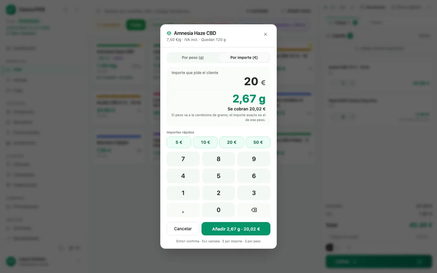 Báscula del TPV de Canna POS: venta a granel de flor CBD por peso o por importe, con el precio calculado al gramo