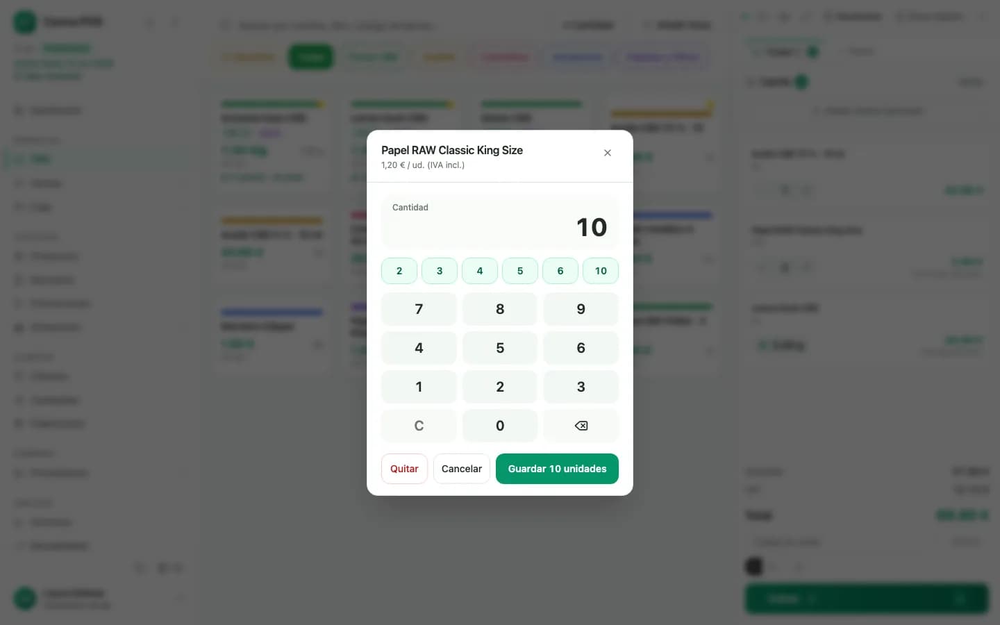 TPV de Canna POS con el teclado de cantidad abierto para añadir varias unidades de un artículo al ticket