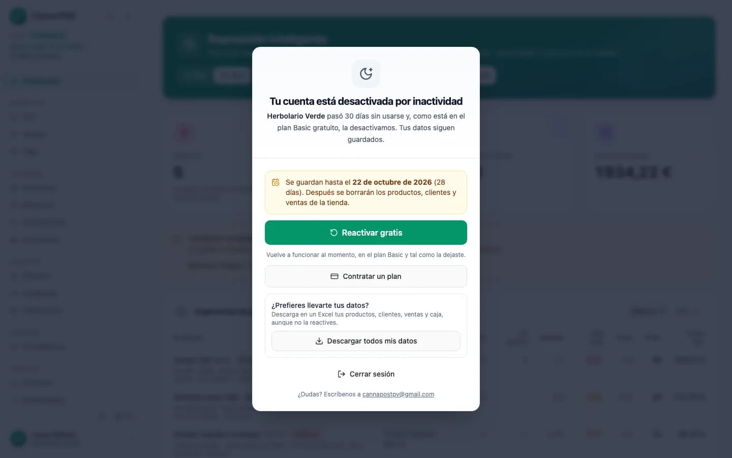 Aviso de cuenta desactivada por inactividad, con los botones Reactivar gratis, Contratar un plan y Descargar todos mis datos
