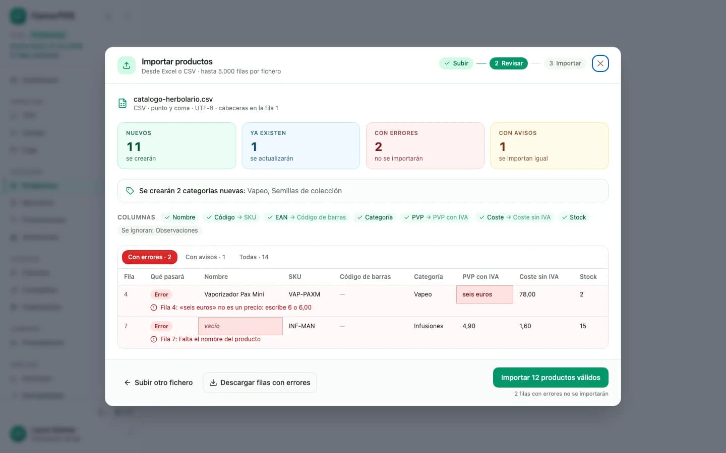 Importación del catálogo desde Excel en Canna POS con el resumen de productos nuevos, existentes y filas con errores