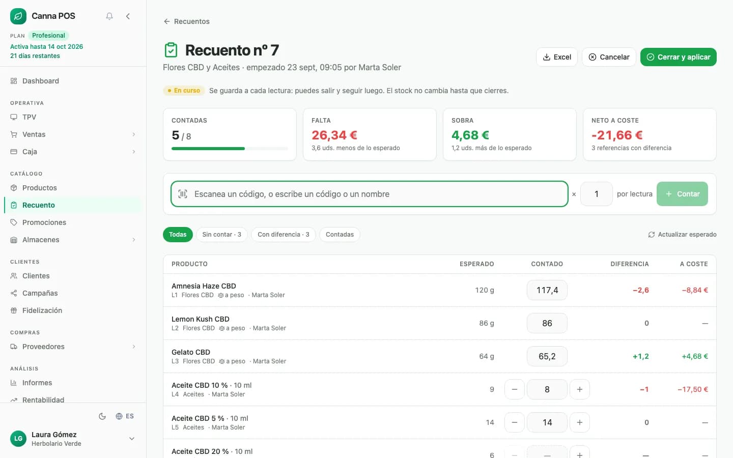 Recuento de inventario en Canna POS: unidades esperadas, contadas, diferencias y valor de lo que falta