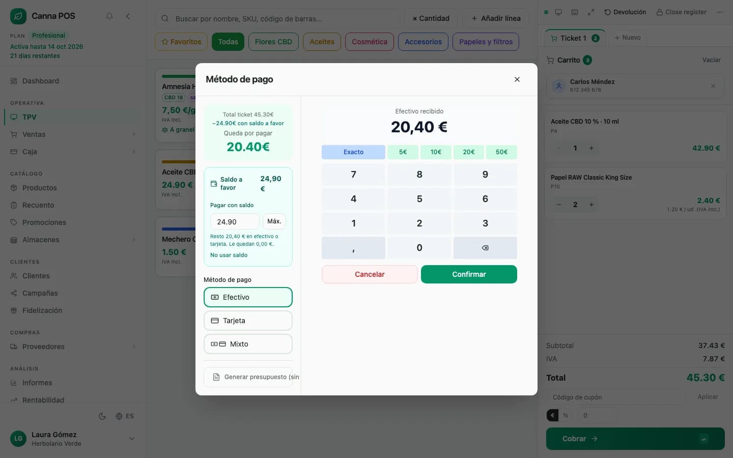 Cobro en el TPV de Canna POS usando el saldo a favor del cliente y el resto en efectivo o tarjeta
