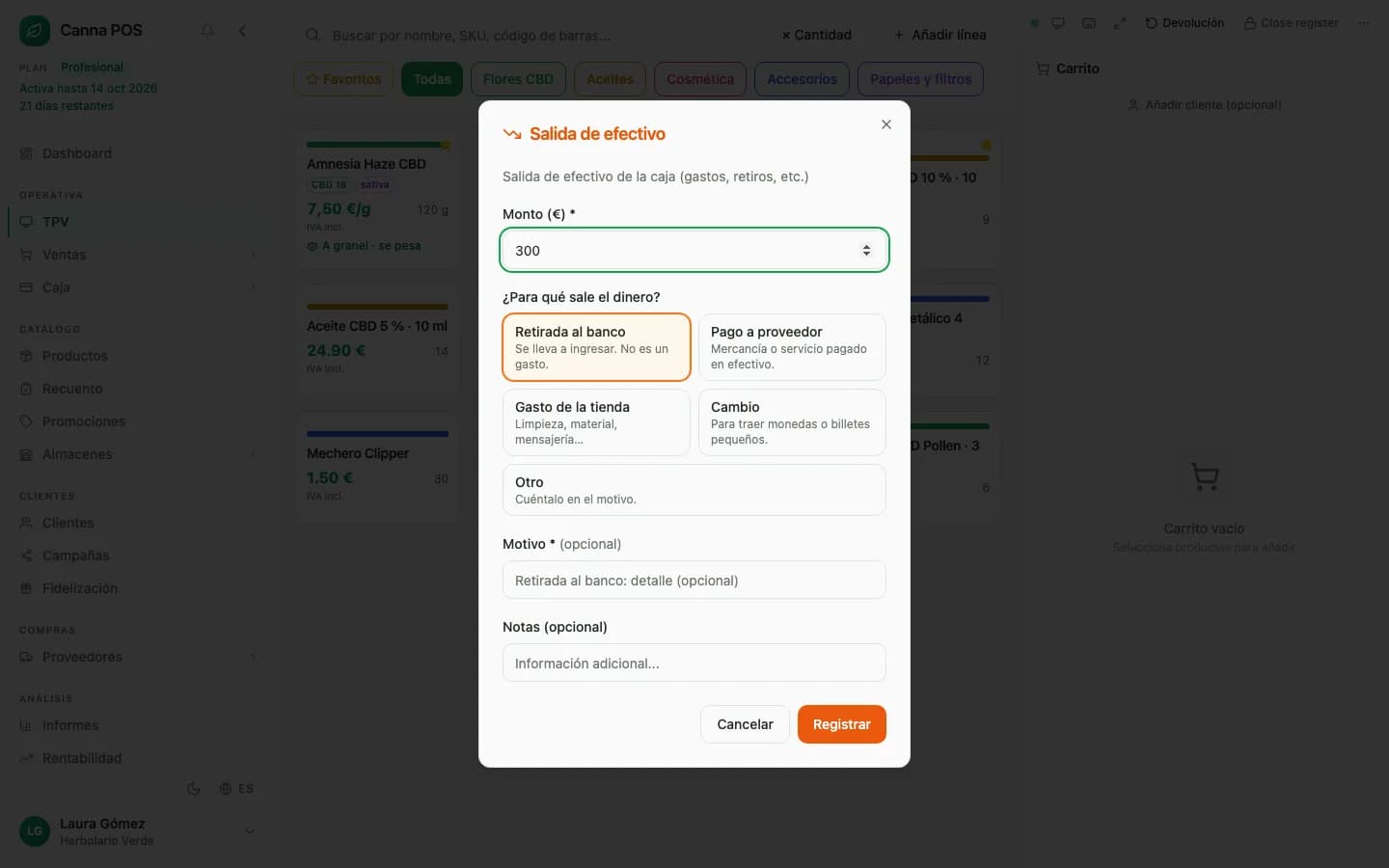 Salida de efectivo de 300 € marcada como retirada al banco, con las opciones pago a proveedor, gasto y cambio