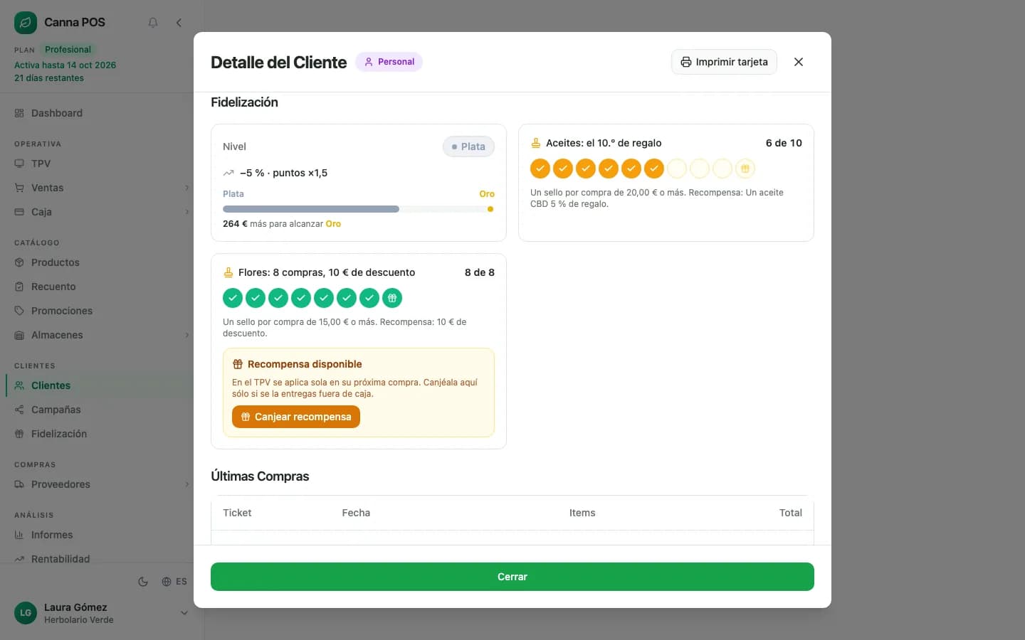 Ficha de cliente en Canna POS con su tarjeta de sellos, sus puntos, su nivel de fidelización y la recompensa disponible