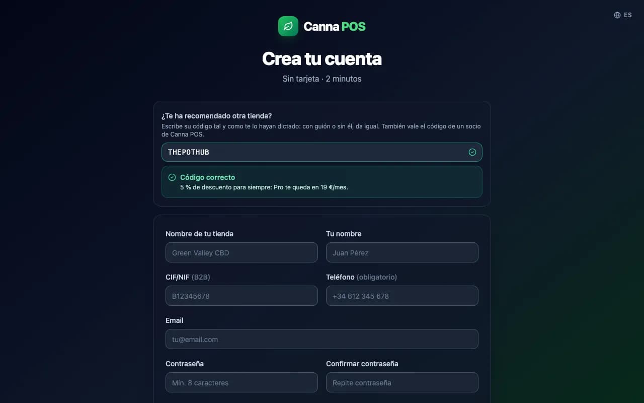 Pantalla de alta con el código THEPOTHUB marcado como correcto: 5 % de descuento para siempre y el precio de Pro que queda