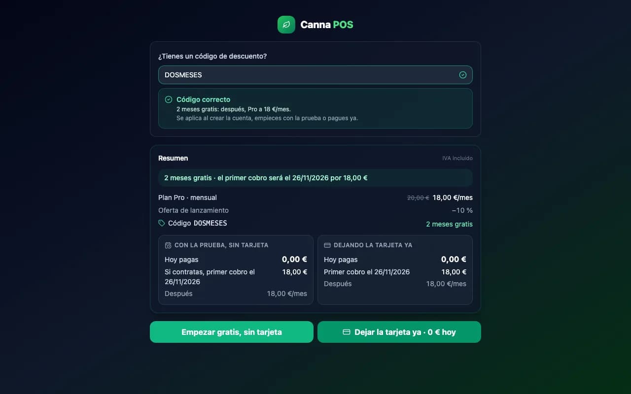 Resumen del alta con el código DOSMESES: 2 meses gratis, hoy 0,00 € y el primer cobro el 26/11/2026 por 18,00 €