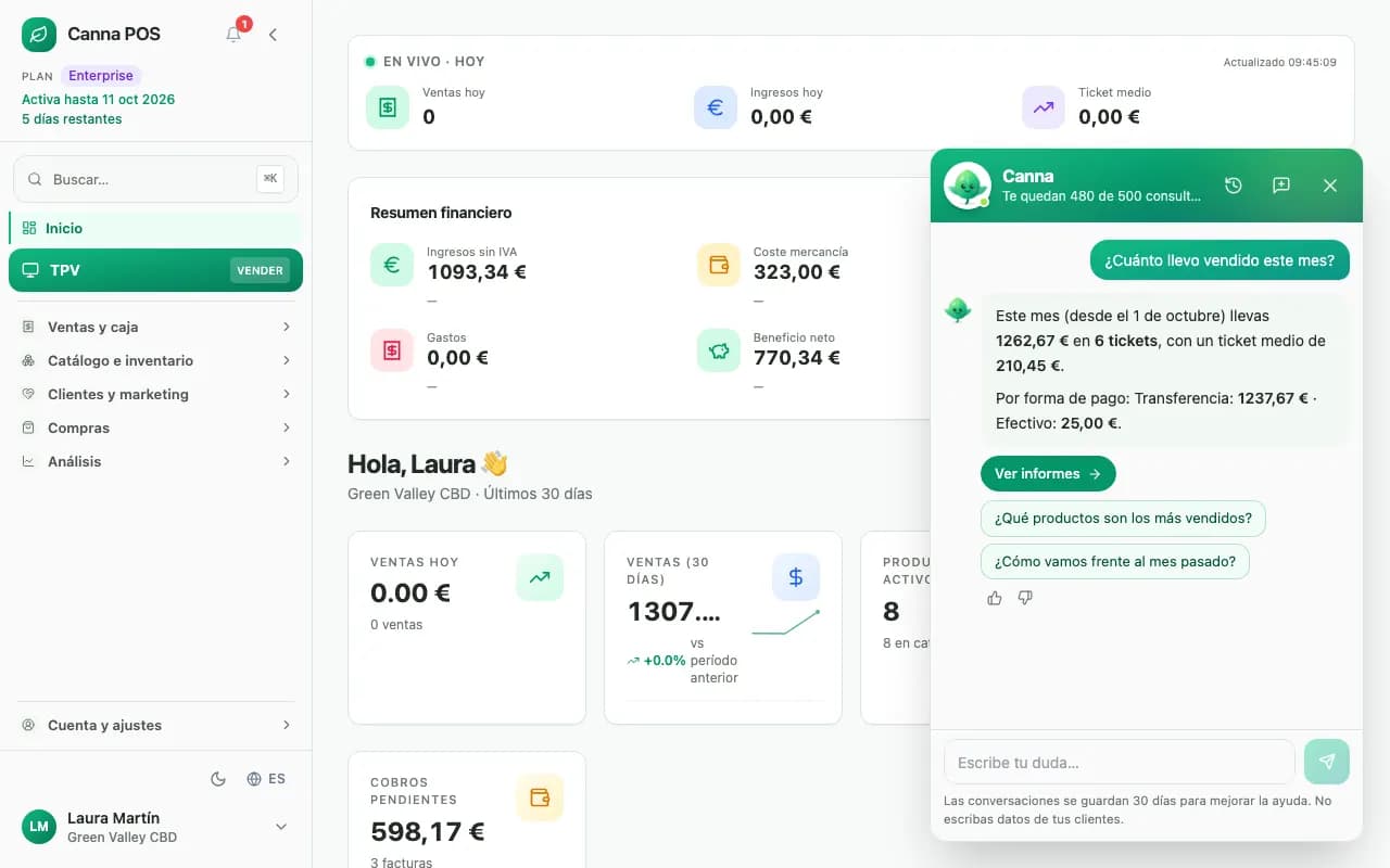 El asistente responde cuánto se lleva vendido este mes, con número de tickets, ticket medio y desglose por forma de pago.