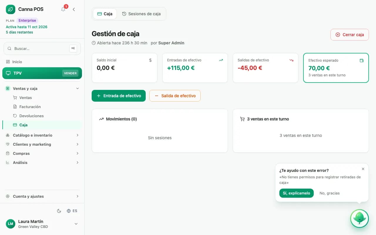 Globo junto a la hojita: «¿Te ayudo con este error?» con el texto del aviso y los botones «Sí, explícamelo» y «No, gracias».