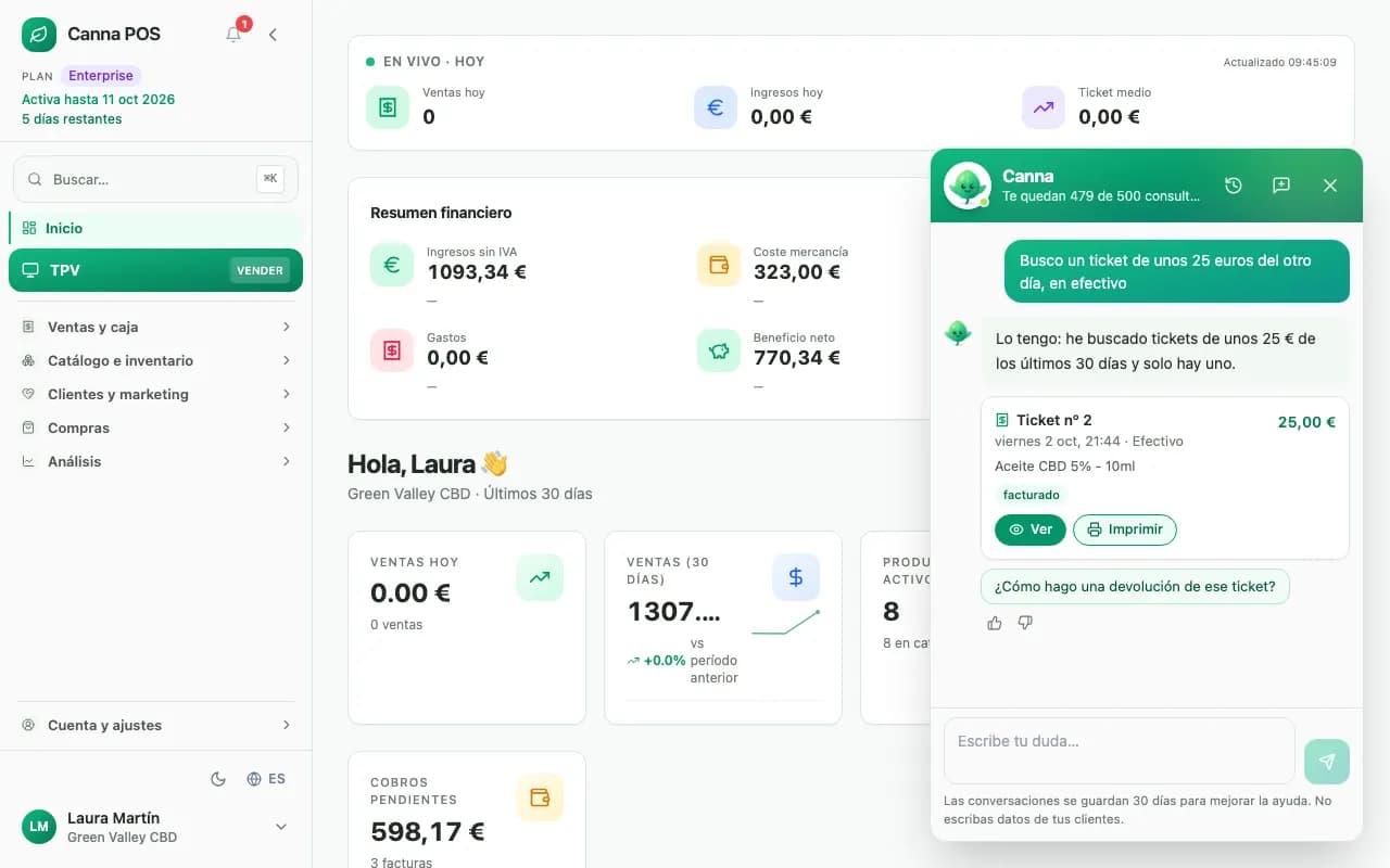 El asistente encuentra el ticket nº 2 de 25 € y lo muestra como tarjeta con los botones Ver e Imprimir.