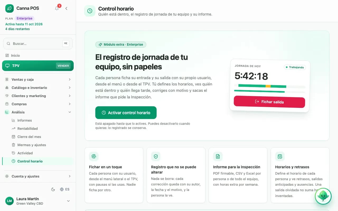 Presentación del control horario con el botón «Activar control horario» y sus cuatro ventajas.