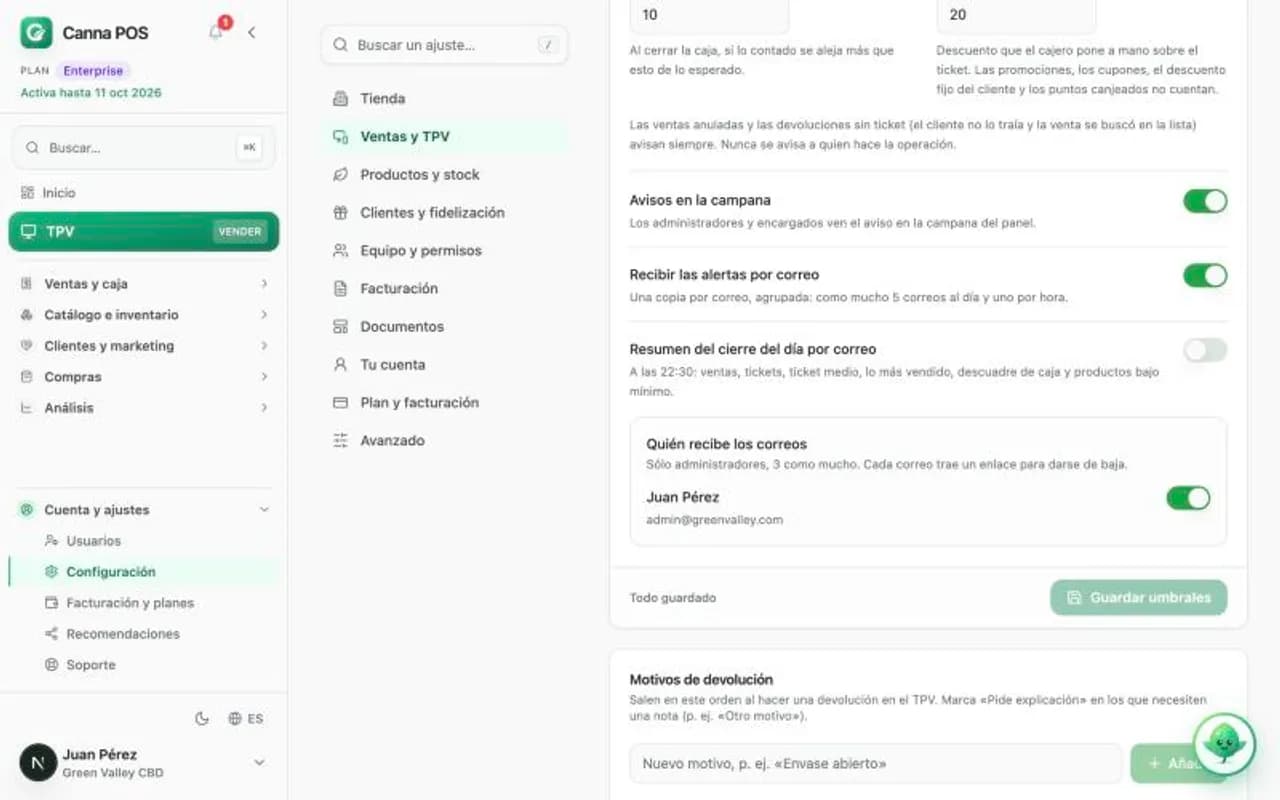 Tarjeta «Avisos al dueño» con los umbrales, los avisos en la campana y los correos.