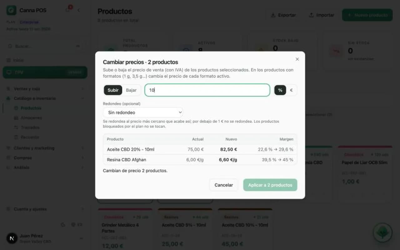 Ventana «Cambiar precios» con la vista previa del precio actual, el nuevo y el margen de cada producto.