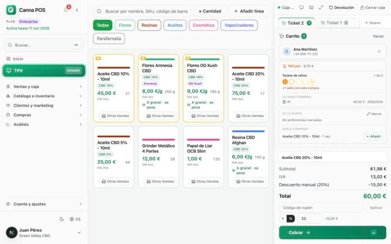 Ficha del cliente en el TPV con puntos, sellos, últimas compras, «Le gusta» y «Suele comprar».