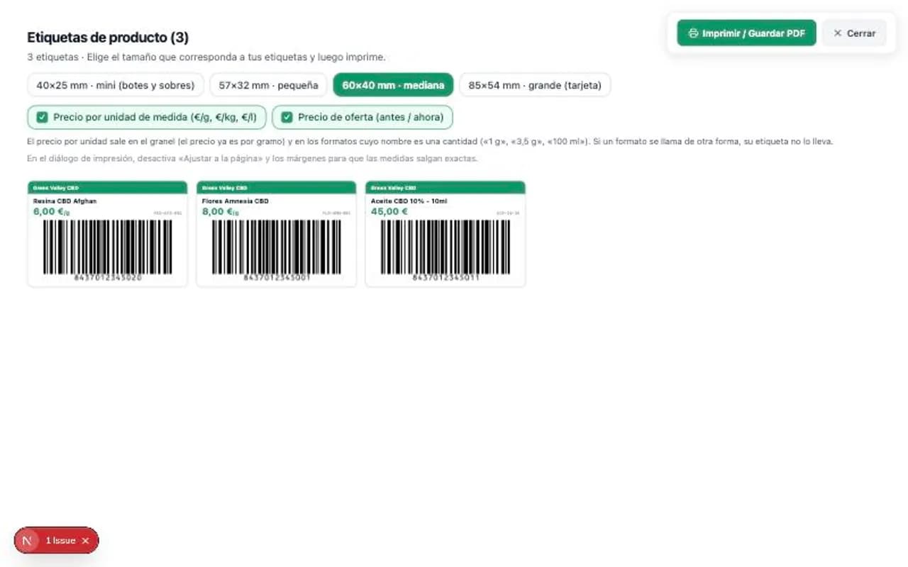 Etiquetas de estante con el precio por gramo y el código de barras.