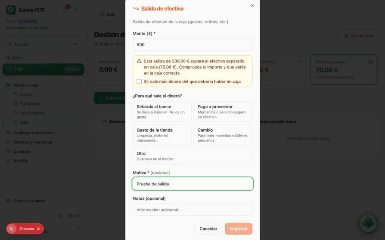 Salida de efectivo de 500 € con el aviso de que supera los 70 € esperados en caja.