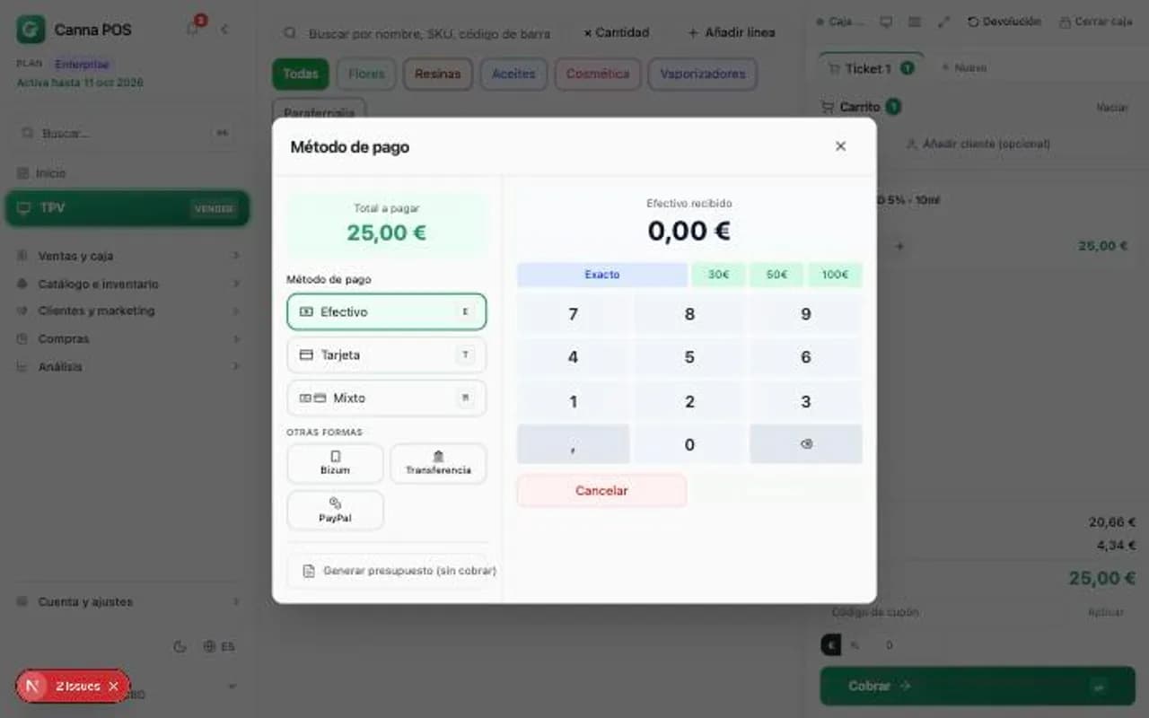 Cobro del TPV con Efectivo, Tarjeta, Mixto y, en «Otras formas», Bizum, Transferencia y PayPal.