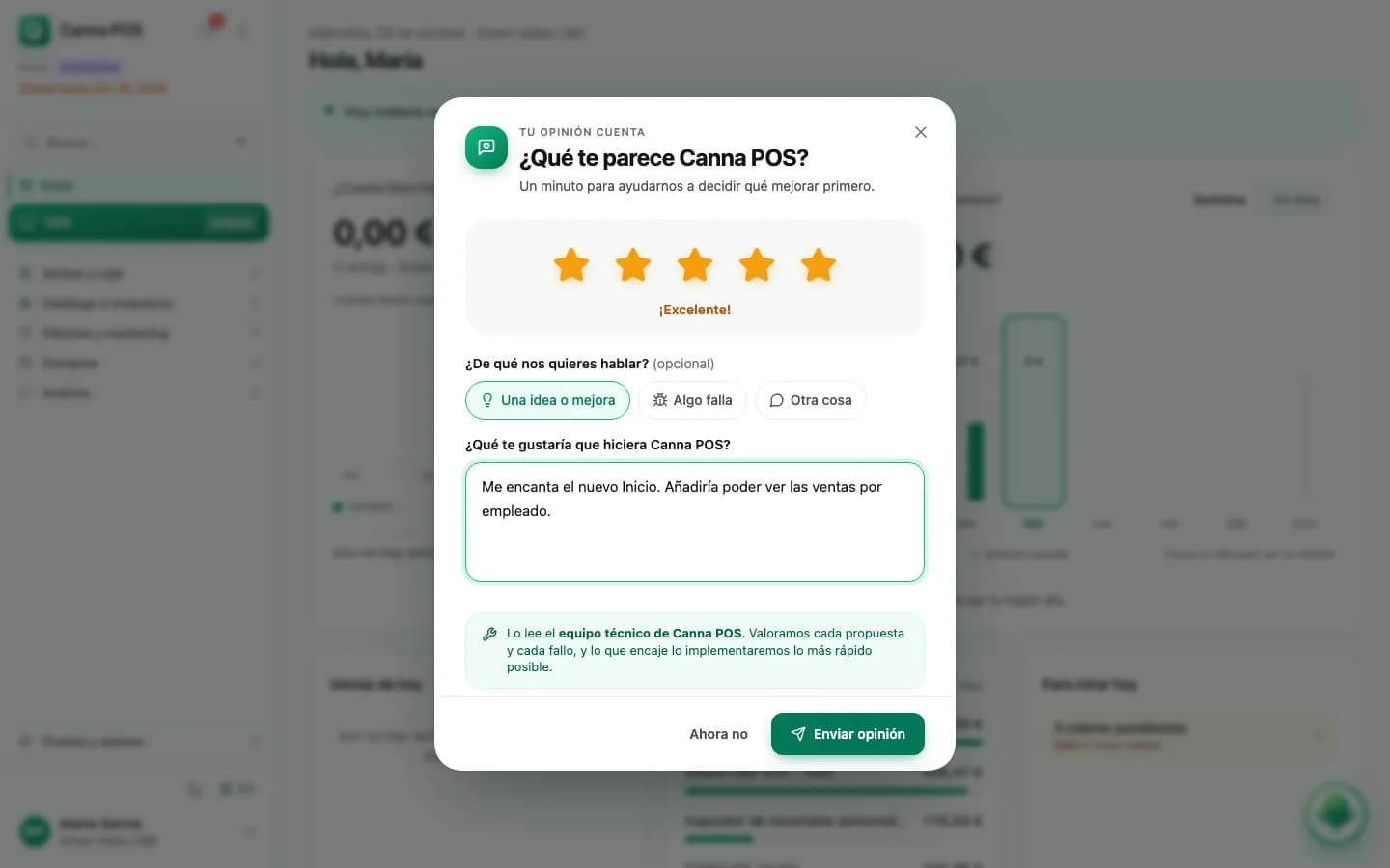 Ventana «¿Qué te parece Canna POS?» con cinco estrellas, el tema «Una idea o mejora» y un comentario.