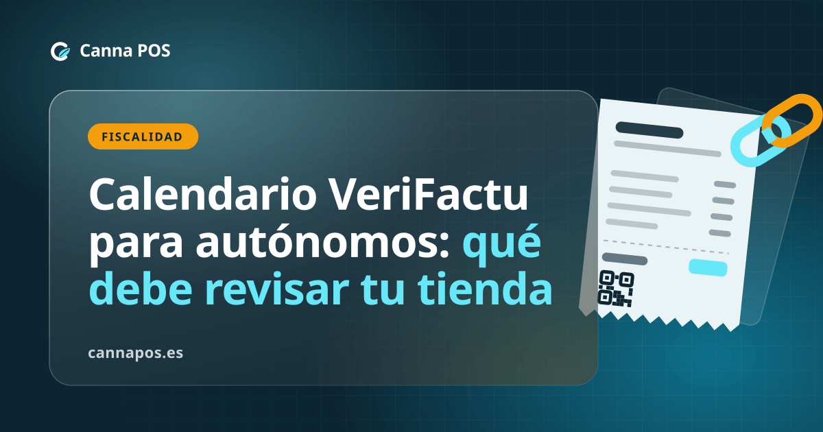 Autónomo revisando en un TPV los registros de ventas y el calendario fiscal de una tienda de CBD
