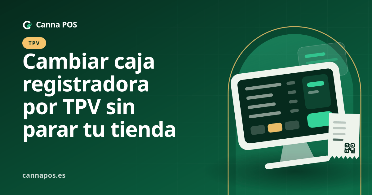 Dependiente comprobando un TPV, un lector de códigos y productos de CBD en el mostrador de una tienda