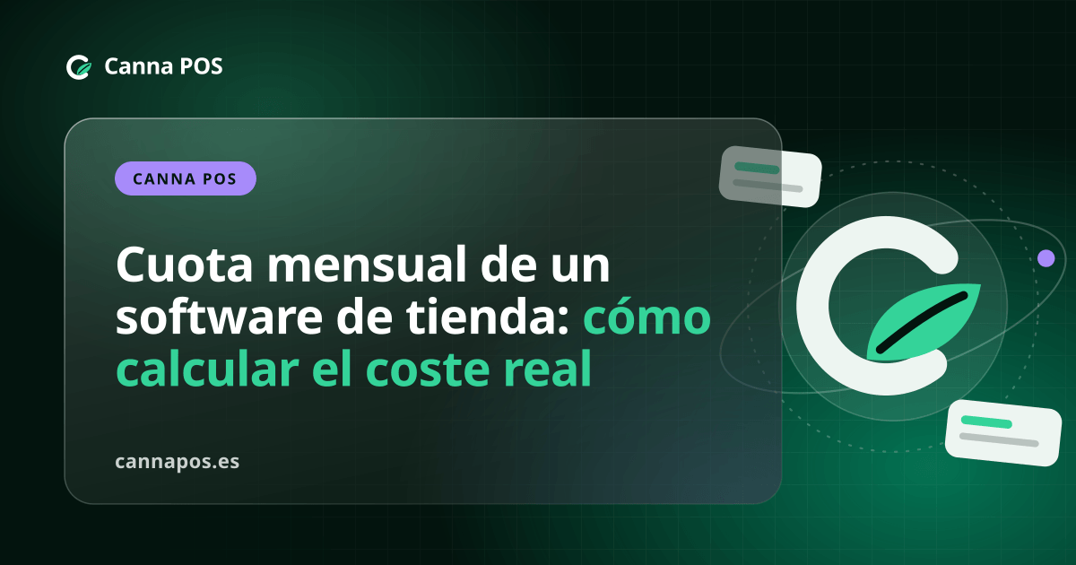 Persona revisando en un ordenador los costes de un software TPV junto a una caja de tienda y productos de CBD
