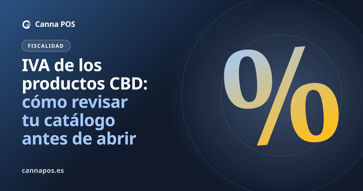 Persona revisando etiquetas y tipos de IVA de varios productos CBD junto a un TPV de tienda.